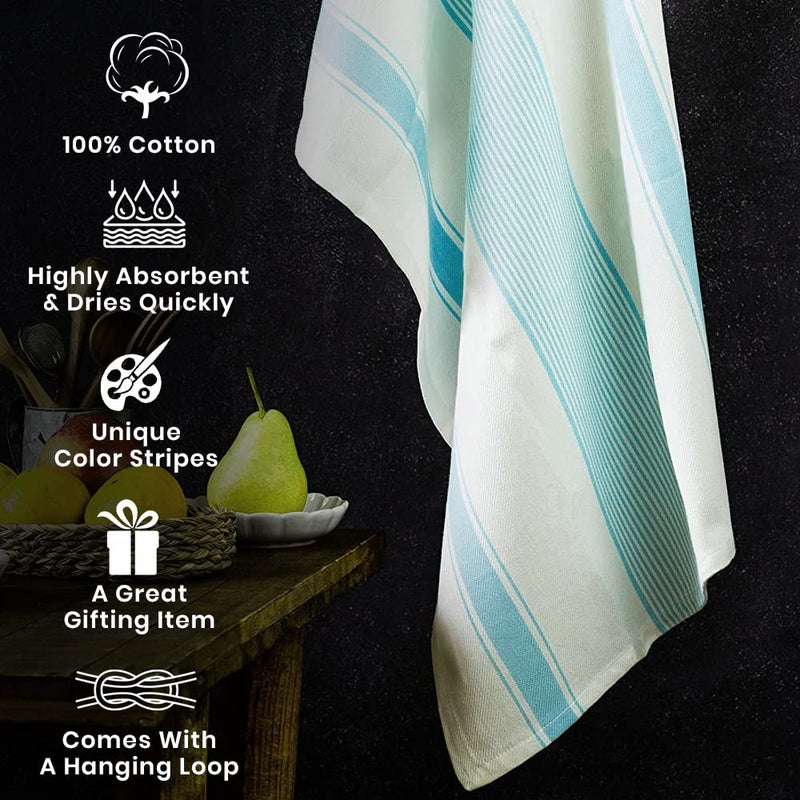 Candy Cottons Stripe Kitchen Towels Decor Hanging Loop Dish Towels Boho Stripe Absorbent Festive Gift Set of 6 Pantry Kitchen Reversible 18x28 in Dish Towels|Vintage Farmhouse Style|Turquoise - Image 2